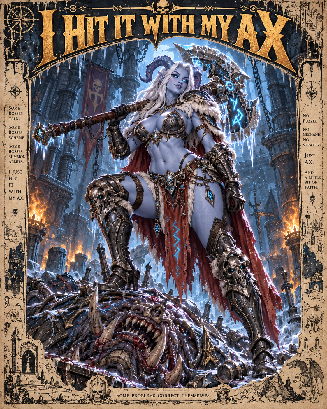 White-haired draenei warrior in dark armor holding an enormous icy axe in a fantasy poster