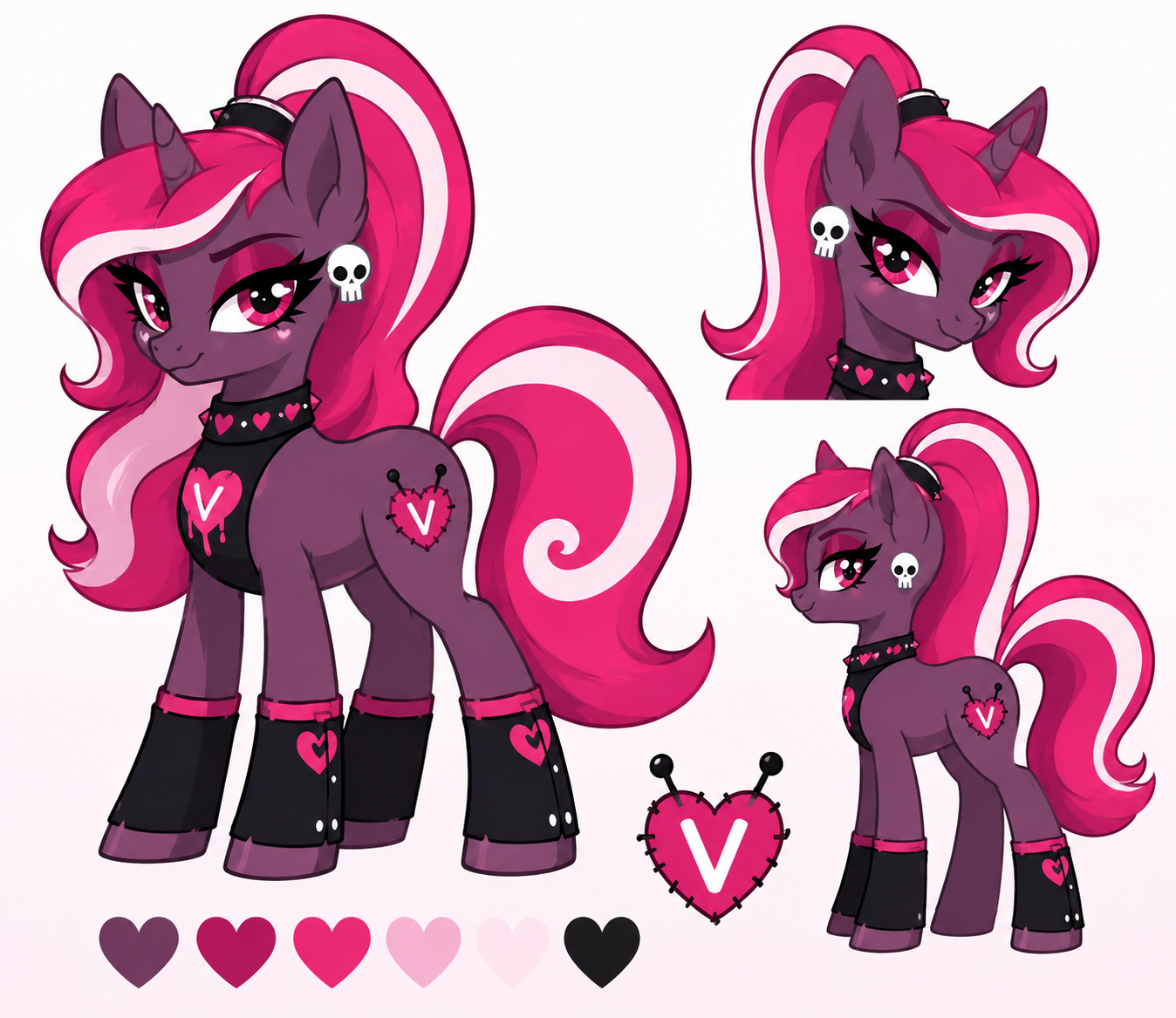 Purple unicorn character with pink mane, front and side views, and a color palette
