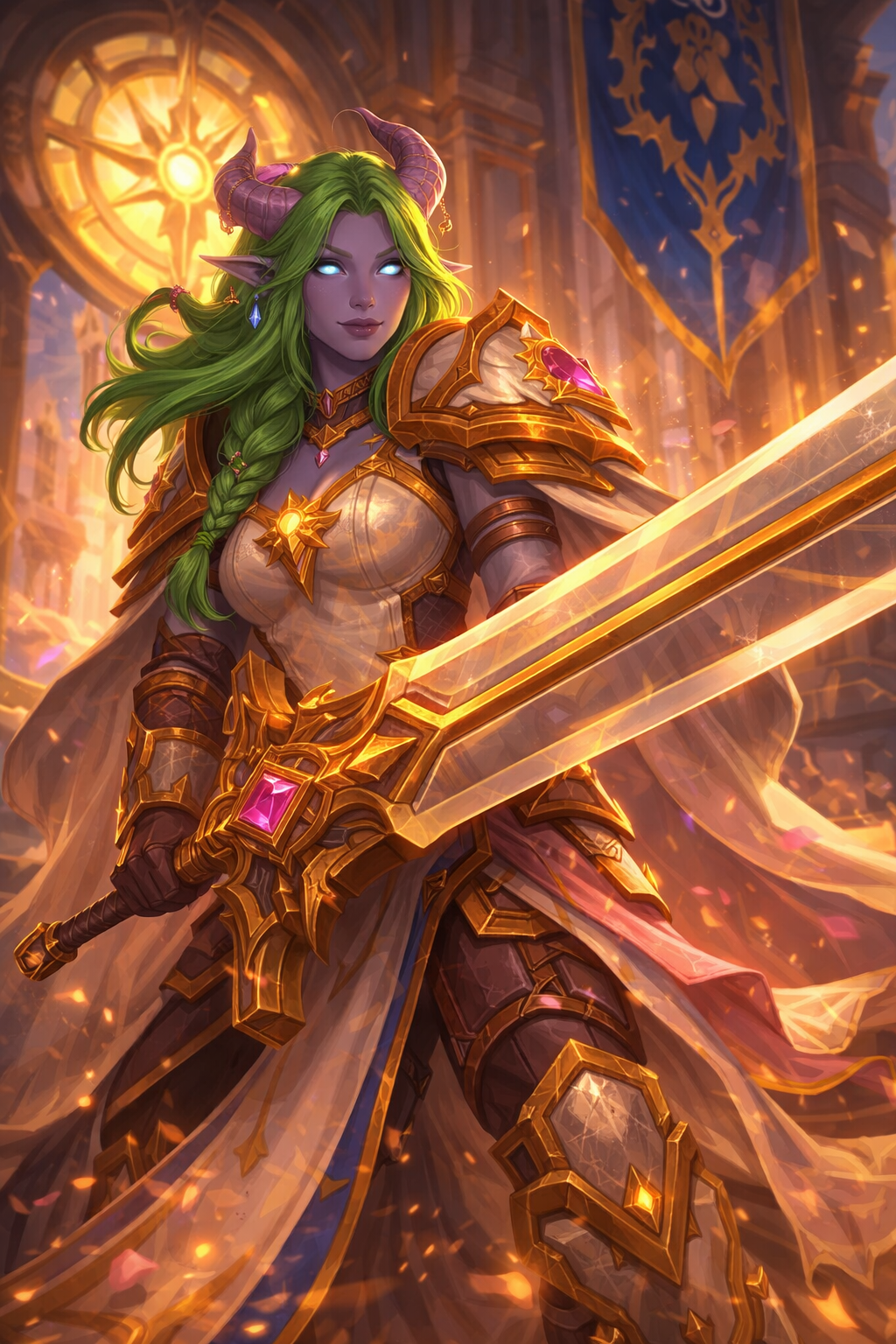 Green-haired draenei paladin in gold armor wielding a glowing sword