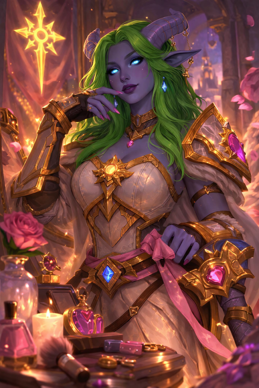 Green-haired draenei paladin in ornate gold armor beside a candlelit dressing table