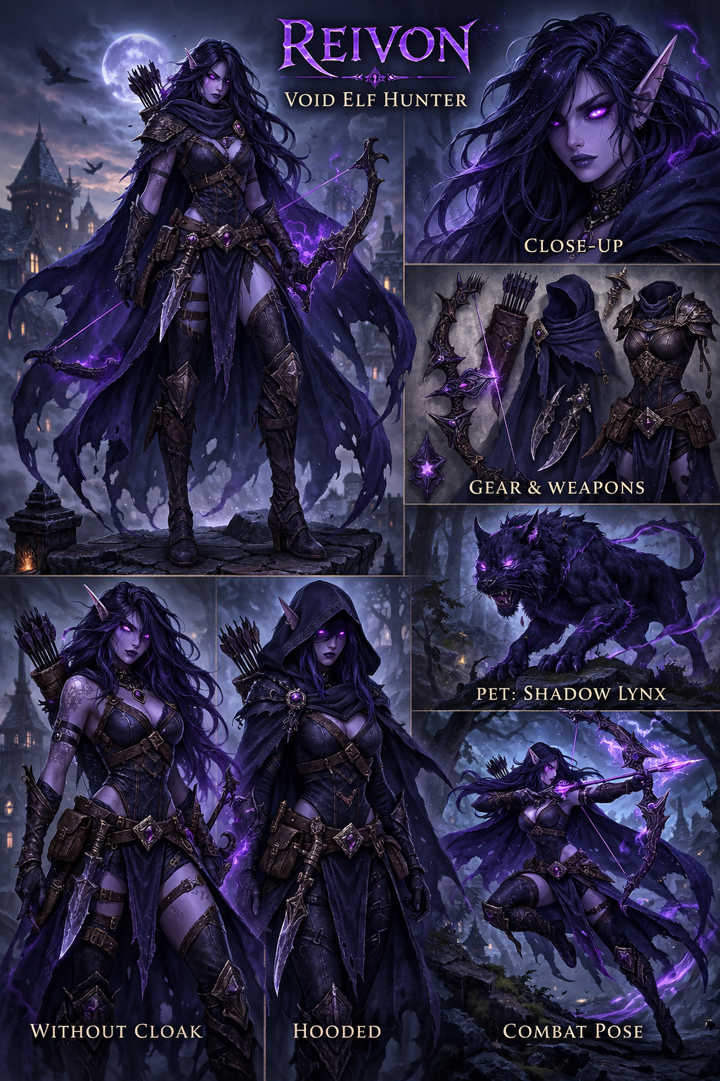 Reference sheet with a void elf hunter, alternate outfits, weapons, shadow lynx companion, and combat pose