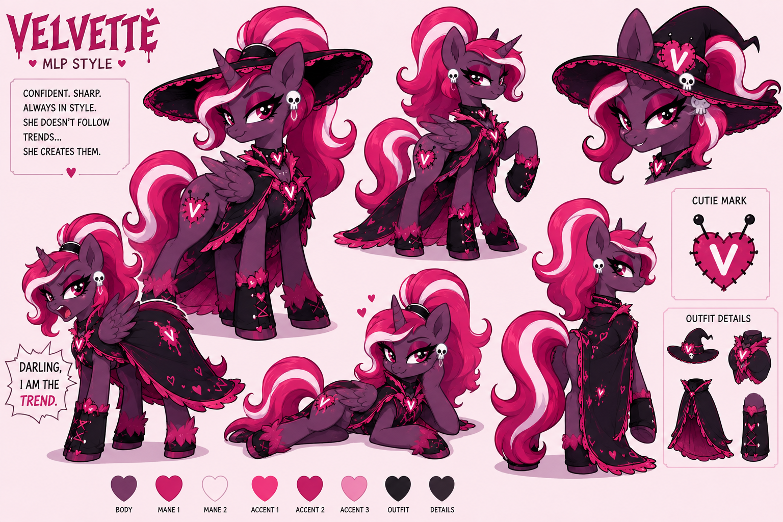 Velvette-inspired gothic pony reference sheet with expressions, outfit details, and a color palette