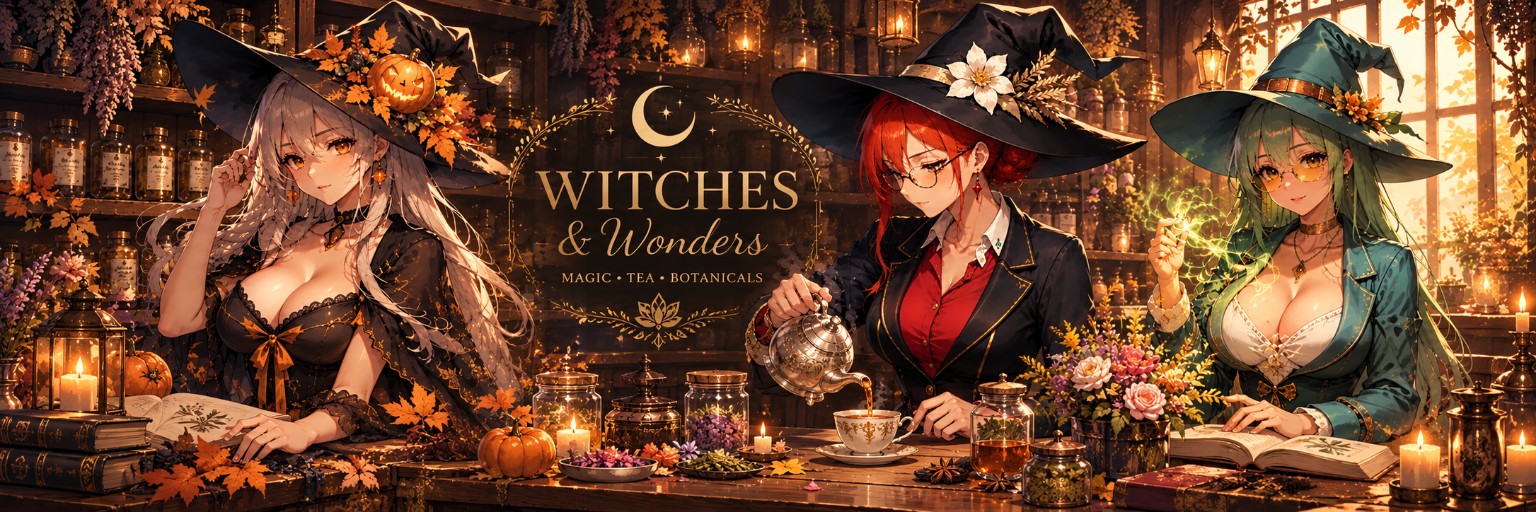 Witches & Wonders — Magic, Tea, Botanicals: three witches in a cozy autumn apothecary